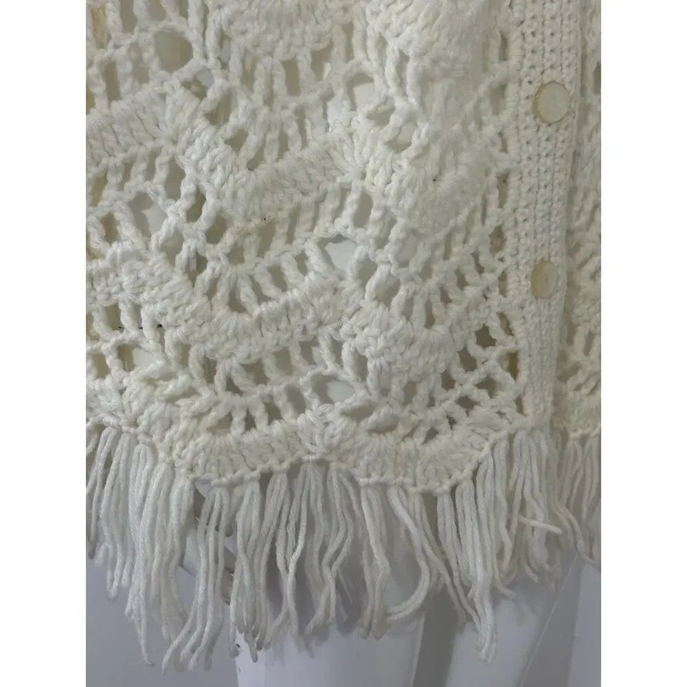 Handmade Crocheted Shawl Sweater Wrap Cape Coverup Ivory Cream Fringe Boho OS